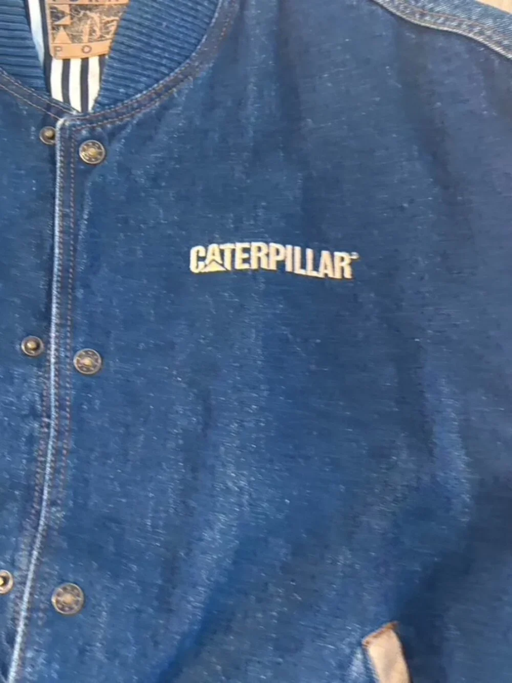 VTG Caterpillar CAT Turning Point Jacket Mens XL Stadium Bomber Blue Denim Lined